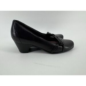 Clarks Shoes Womens Sz 8.5M Sugar Plum Pump Black Leather Block Heel Work Dress